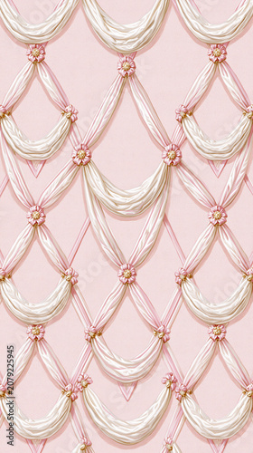 A delicate and ornate pink wallpaper pattern featuring draped swags of white fabric adorned with small pink flowers and ribbons.