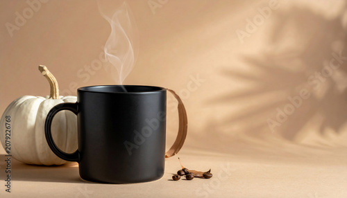 Steaming Black Mug Beside a White Pumpkin on a Warm Neutral Background for Cozy Autumnal Seasonal Mood