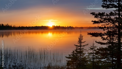 Wilderness Lake Sunrise Sunlight Glows Over The Horizon Of A Wilderness Lake In Northern Michigan Horizontal Orientation With Copy Space In The Foreground