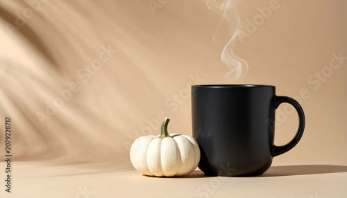 Minimalist Autumn Still Life Featuring A Steaming Black Mug And A Small White Pumpkin On A Soft Warm Toned Beige Background