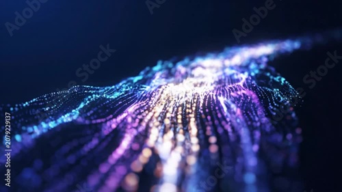 Abstract Digital Wave of Glowing Particles: Flowing Blue and Purple Fiber Optic Data Stream in Motion on Dark Background
