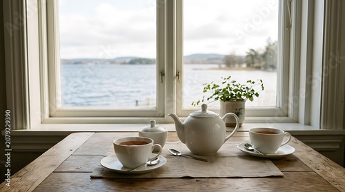 Tea set on a table by a window with a lake view
