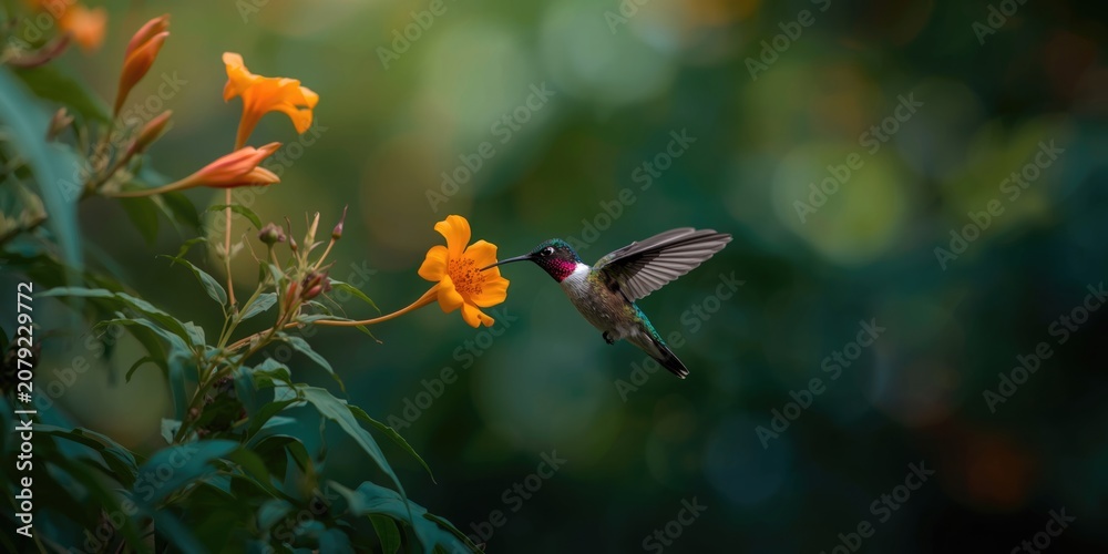 Fototapeta premium Hummingbird hovering near vibrant orange flower