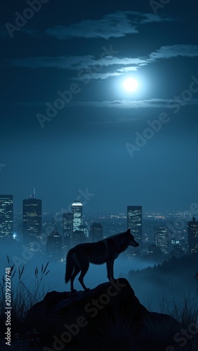 Solitary Wolf Howling at Full Moon Over City Skyline
