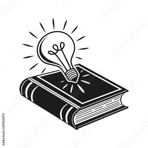 Illuminated light bulb idea concept on stack of books with glowing rays flat design illustration