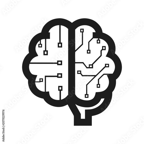 Minimalist brain illustration with interconnected puzzle pieces and gears in flat design style