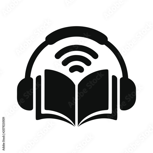 Open Book with Headphones and Wi-Fi Symbol Icon, Representing Audiobook Listening