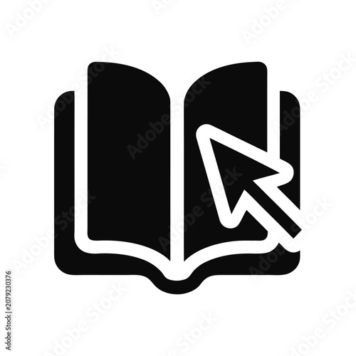 Open book with glowing white arrow symbol on black pages minimalist design
