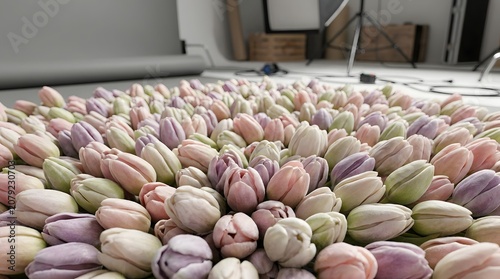Close-up of buds of soft powdery tulips, located at the bottom of the generation, hundreds of pieces, in the background of a photo studio.