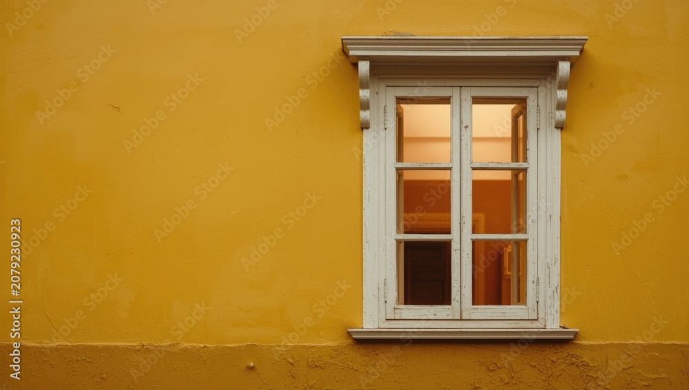 Obraz premium Yellow wall with a classic white wooden window and warm amber glass against a decorative paint backdrop