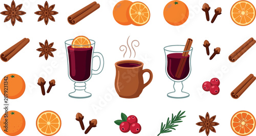 Foto Mulled wine vector set with hot winter drinks cinnamon sticks star anise cloves