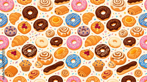 Seamless donut vector background featuring glazed donuts, chocolate donuts, sprinkled donuts, and assorted sweet pastries