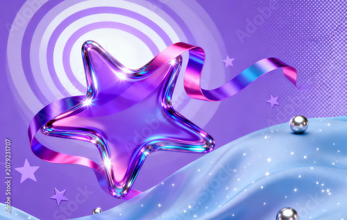 Glowing purple star with magic trail, floating on cloud, fantasy style