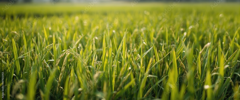 Obraz premium Close-up of green rice plants in a field