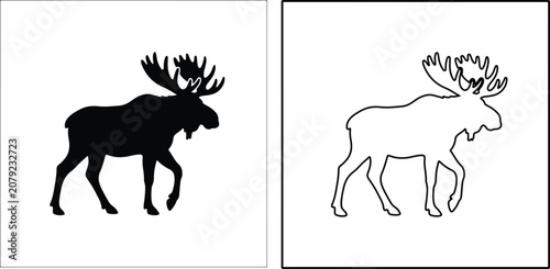 Moose silhouette and outline on white background for wilderness and nature concepts in a clean vector style