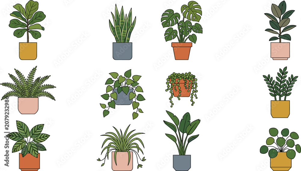 Fototapeta premium Potted Houseplants Vector Icon Set Featuring Monstera Snake Plant Fiddle Leaf Fig and String of Pearls for Interior Decor Illustration