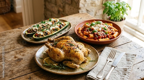 Roasted chicken and vegetables on a wooden table