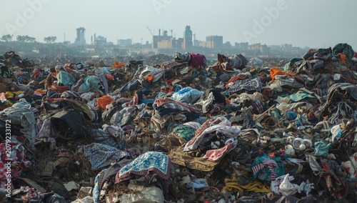 Mountain of discarded clothing at a landfill site