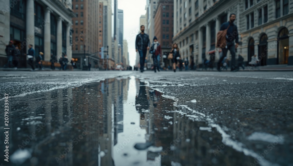 Obraz premium Reflections on wet pavement with melting ice and small stones in detailed urban scene including copy space