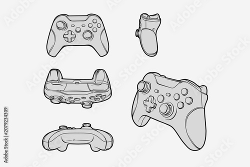 2D illustration of gamepad. Outline vector image set with solid background. Multiple views including top, front, side, bottom, and perspective.