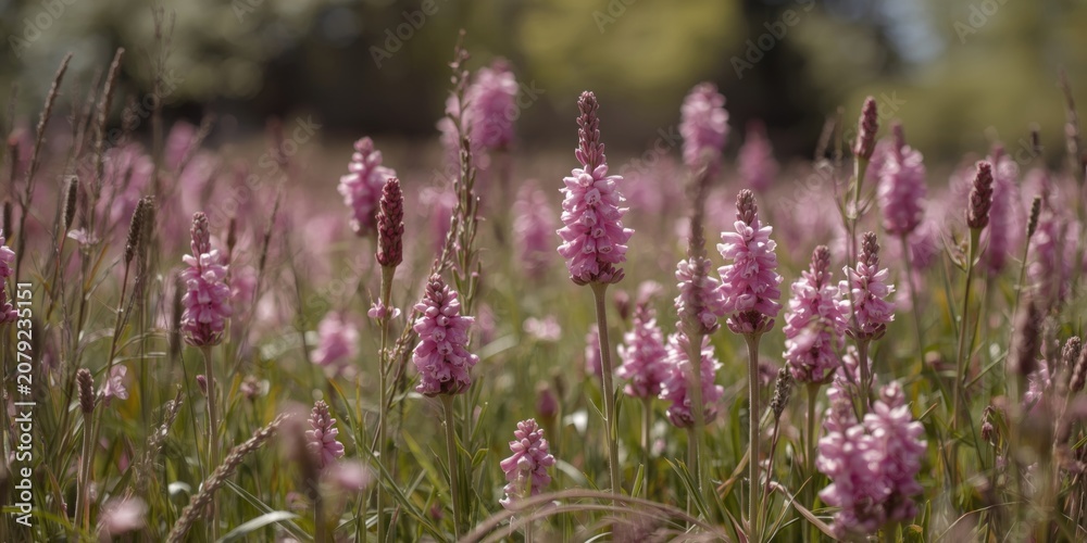 Fototapeta premium Sunny springtime field showcasing vibrant pink and purple flower clusters