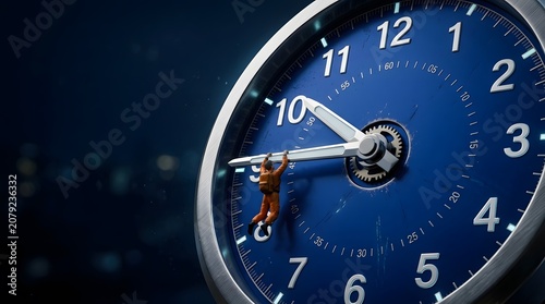 Tiny person fighting against time on a giant blue clock face