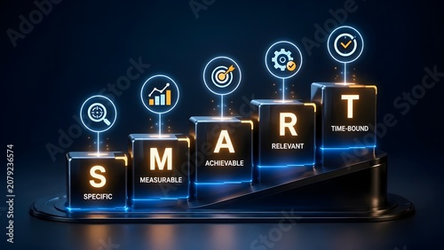 SMART goals framework concept with measurable achievable relevant time bound business planning strategy performance management and objective achievement
