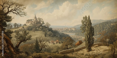 Old French book art capturing historic Mediterranean countryside from the 18th century