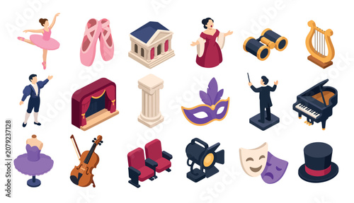 Theatre performance opera icons set.