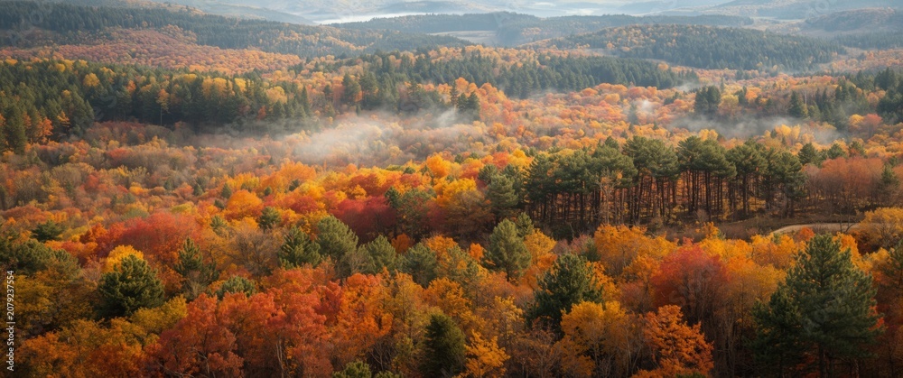 Obraz premium Autumn forest landscape with colorful trees and fog