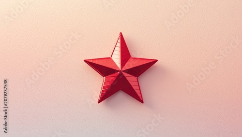 Metallic red striped star emblem with playful font on pastel textured background with copy space