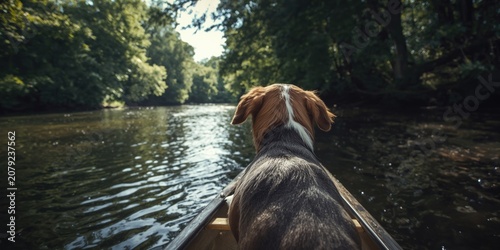 Dog sitting in a canoe on a serene river