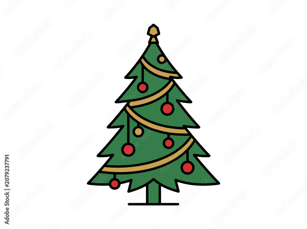 Fototapeta premium A simple cartoon Christmas tree with festive red and gold ornaments - ideal for holiday season graphics, festive web design, children's content, and seasonal marketing visuals