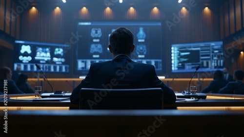 A tense courtroom with a focused lawyer  digital game icons and a glowing server rack on presentation screens  symbolizing an online service dispute. Modern courthouse setting  dramatic mood  cool