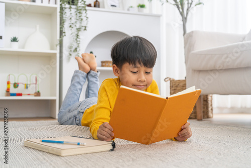 Asian boy lying on floor reading blank book learning at home, Home education, homeschool, childhood development, self study, elementary student knowledge, smart kid, literature and academic growth