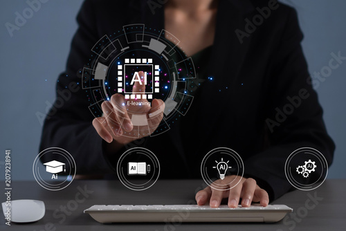 A woman holds a light bulb in her hand for learning using artificial intelligence (AI), educational tools, video-based instruction, digital courses, internet lessons, and the concept of e-learning.