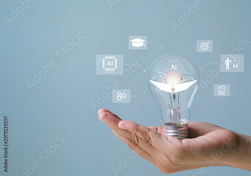 Wooden blocks with light bulbs, artificial intelligence (AI) learning, educational tools, video-based instruction, digital courses, online lessons, e-learning concepts.