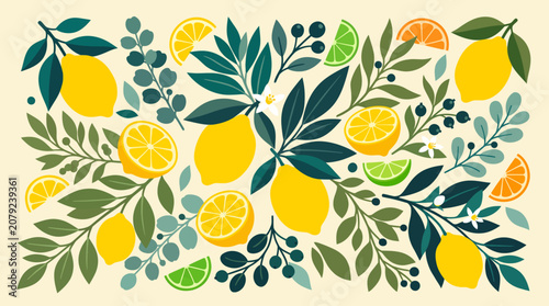 Fotografie Vibrant illustration of citrus fruits and leaves.