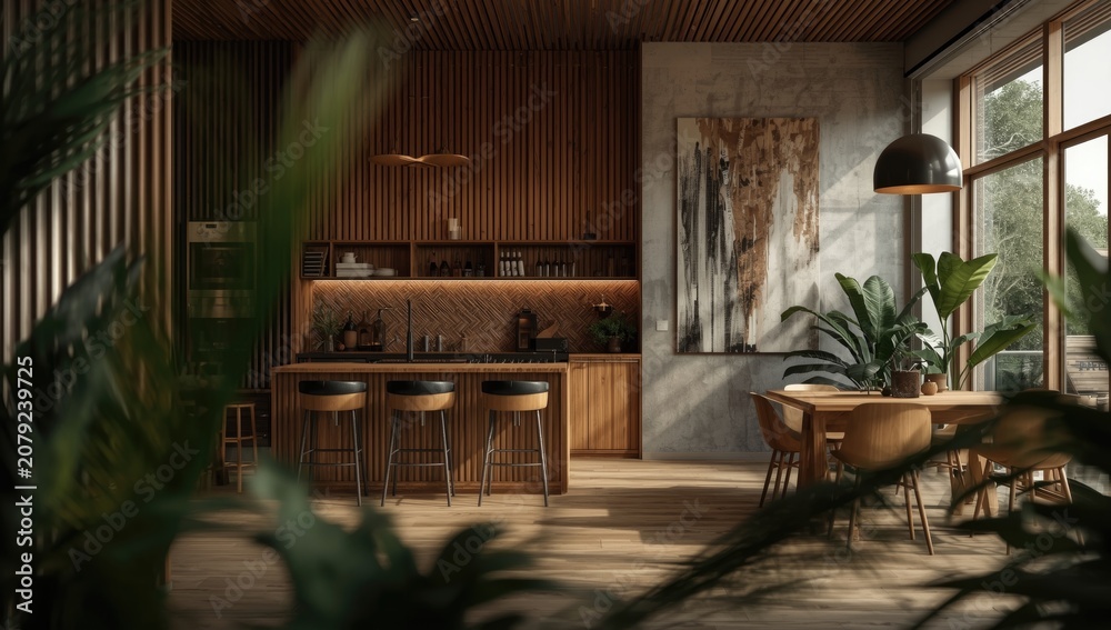 Fototapeta premium Wooden elements enhance the modern kitchen and living space complemented by indoor greenery and artistic walls