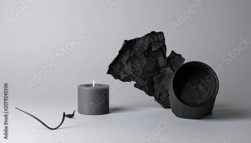 Elegant minimalist still life featuring a burning grey candle and dark abstract sculpted elements on a subtle light grey background, evoking calm and modern design
