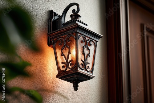 Elegant outdoor wall lantern lamp with warm glowing light
