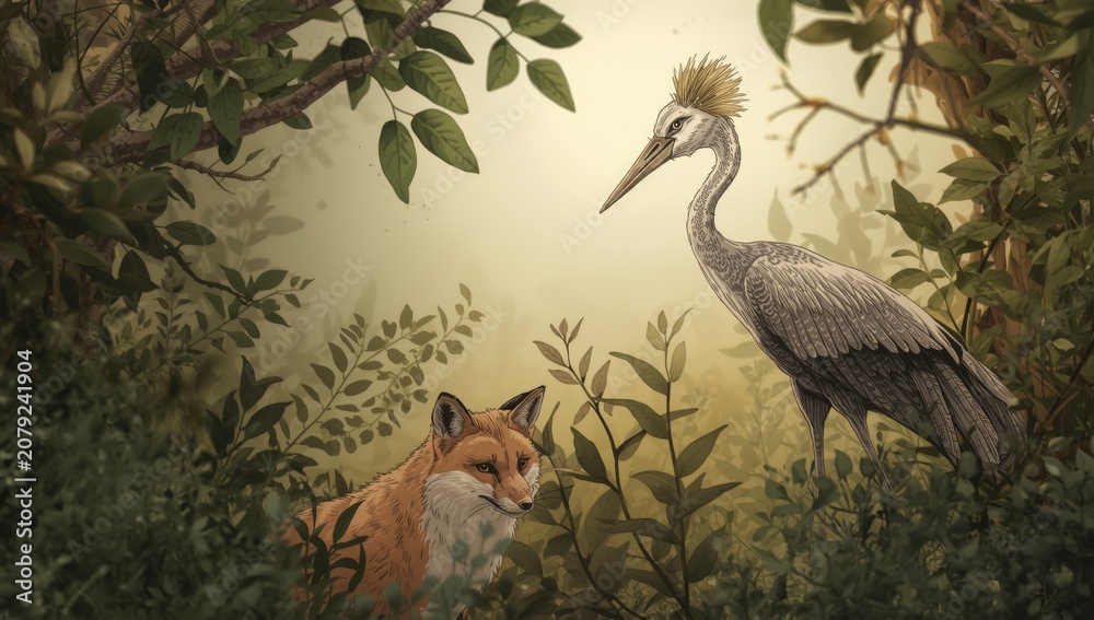 Fototapeta premium Hand drawn fable scene with fox and crane characters in natural setting
