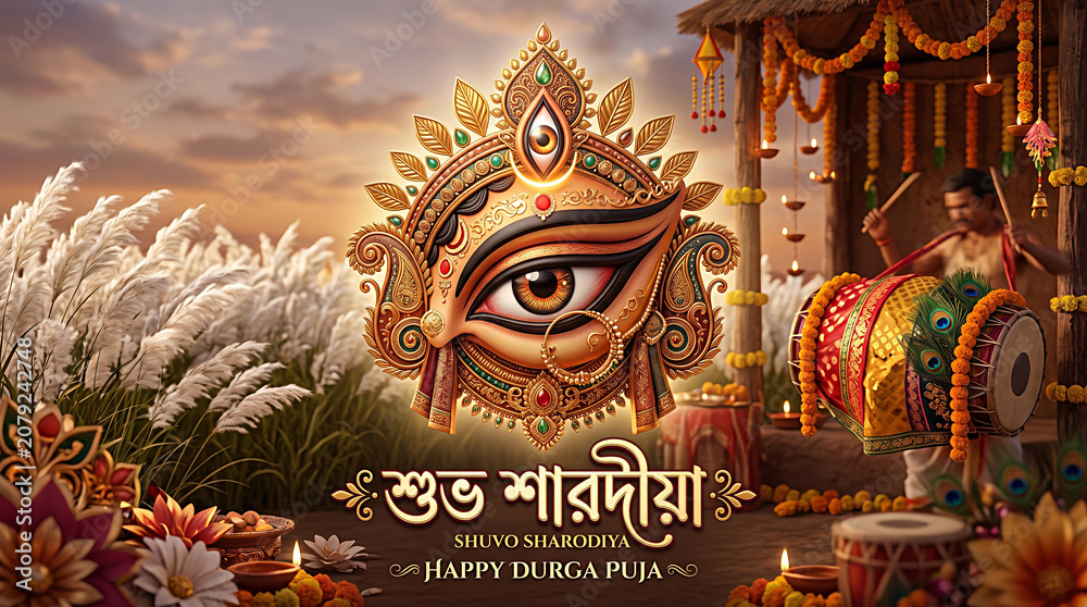 Fototapeta premium Happy Durga Puja greeting card with traditional Goddess Durga eye motif, dhak drum, and kash phool field