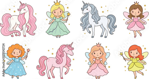 Obraz na plátně Cute cartoon fairy and unicorn vector character collection with little princesse