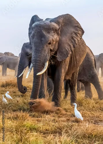 Obraz Elephant kicking up dust in Amboseli National Park, Kenya