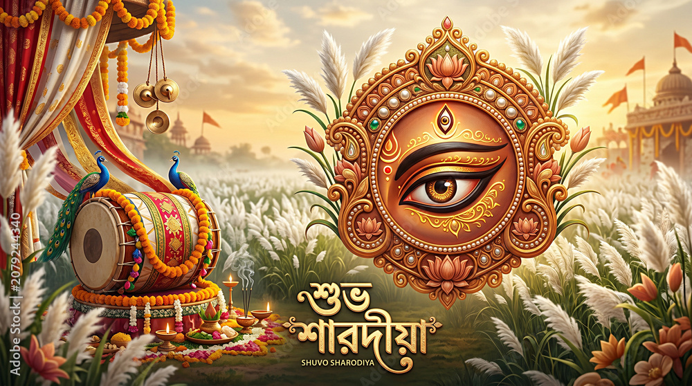 Fototapeta premium Close-up face of Goddess Durga with intricate gold crown during puja festival celebration with dhak drummer