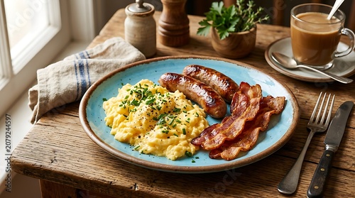 Breakfast plate with scrambled eggs bacon and sausages