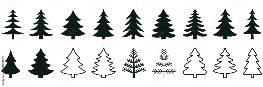 Fototapeta premium Pine Icon Set Featuring Fir Tree, Evergreen Conifer, Forest Tree And Christmas Tree Symbols In Clean Editable Vector Style.