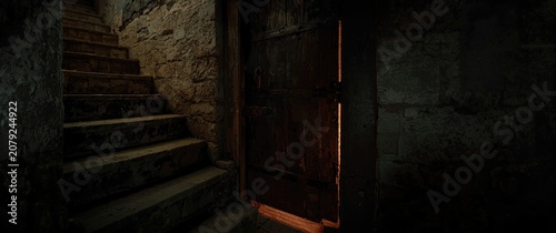 Shadow filled basement with weathered stone steps and a dark wooden cellar door left ajar