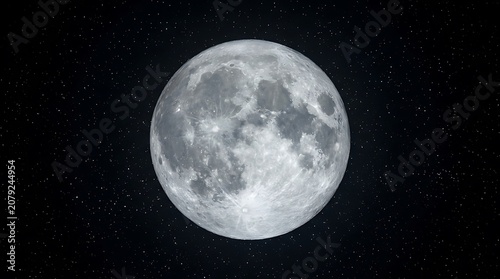 Full moon glowing in the dark night sky with many stars